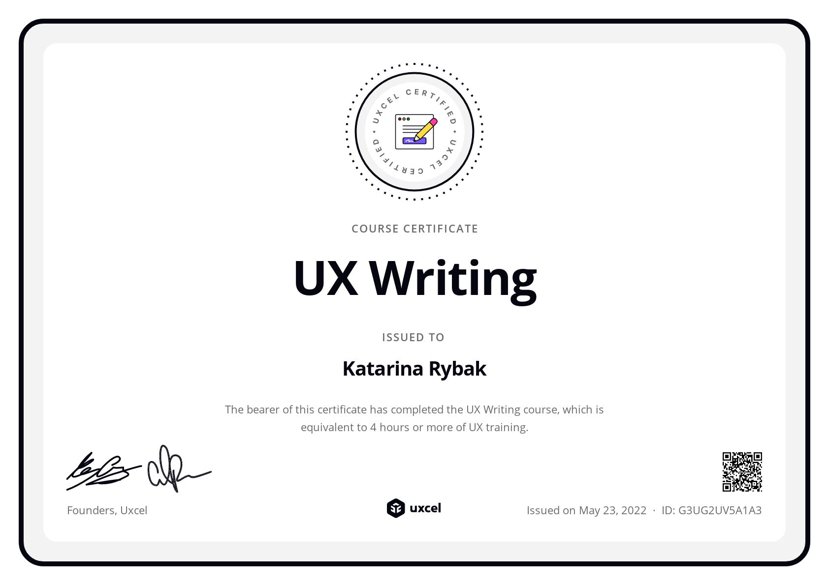 Katarina Rybak's certificate